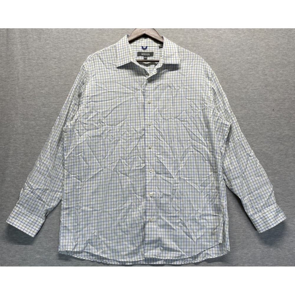 Kenneth Cole Reaction Dress Shirt Mens XL 17-17.5 34/35 White Multi Plaid Cotton